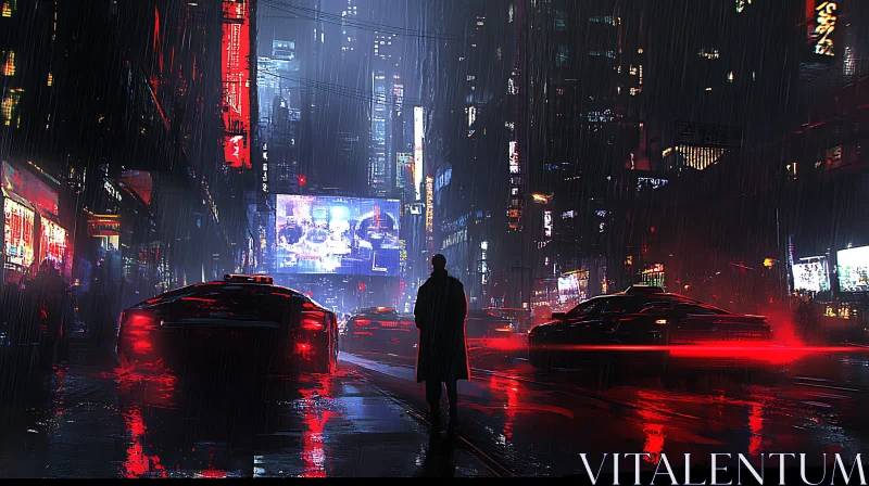 Cyberpunk Night Scene with Silhouetted Figure AI Image