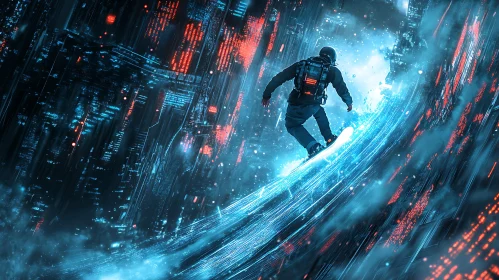 Snowboarder in Futuristic Neon Cityscape