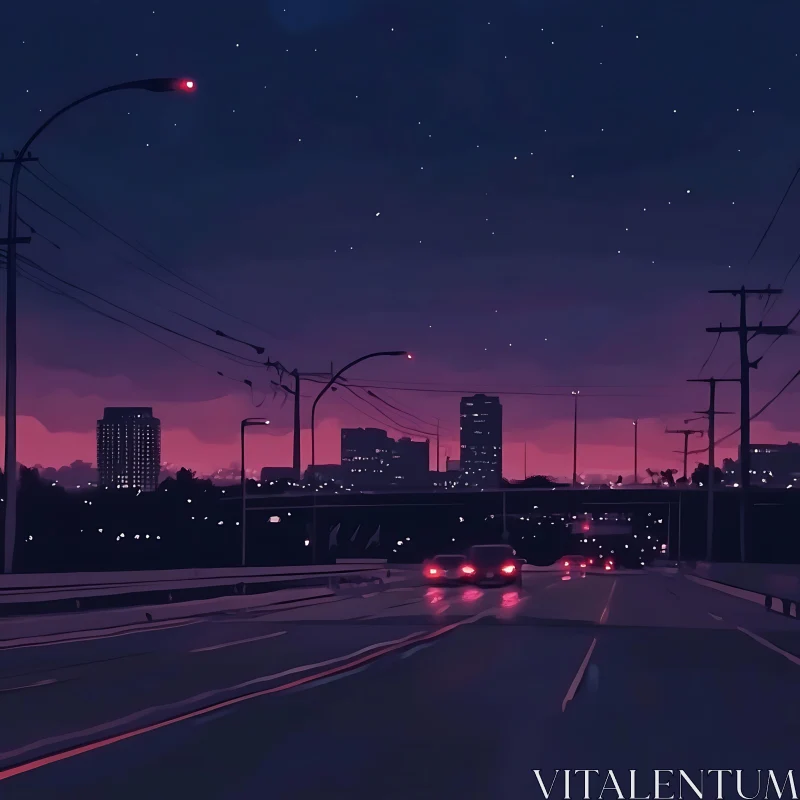 AI ART Cityscape at Dusk with Starry Sky and Highway