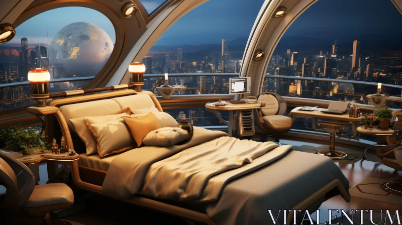 Modern Futuristic Bedroom with Scenic City View AI Image