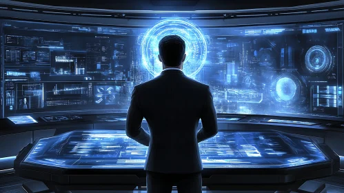 Man in High-Tech Holographic Command Center