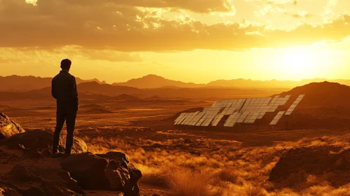 Desert Sunset and Solar Panels Viewed by Man