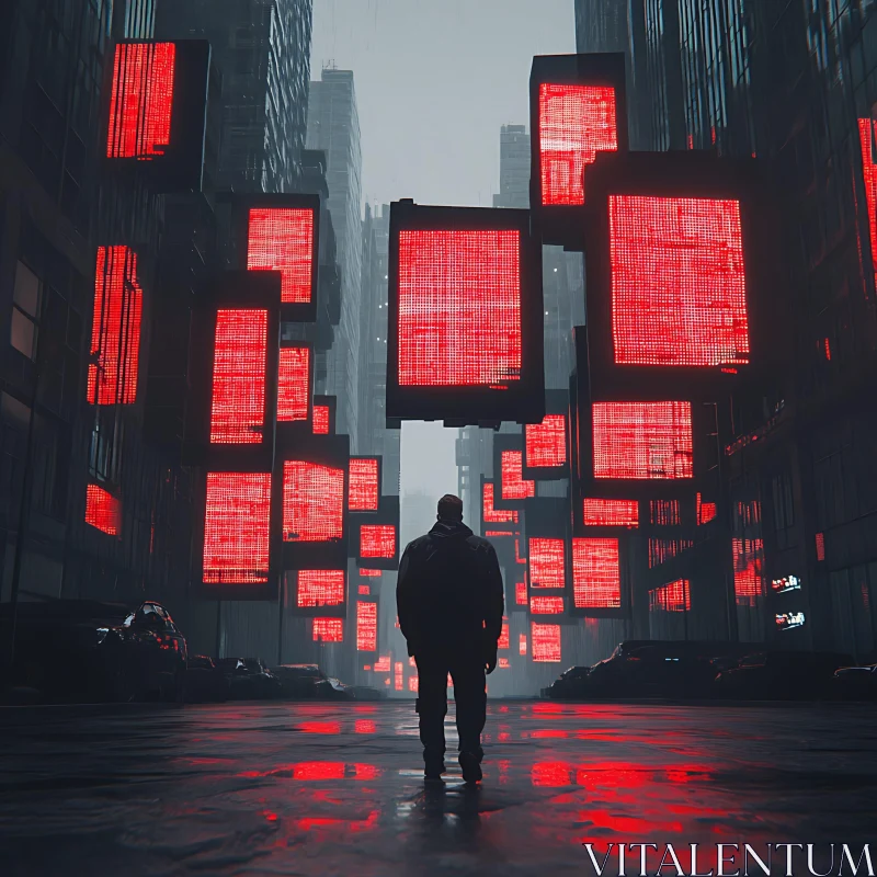 Urban Futuristic Night with Neon Red Lights AI Image