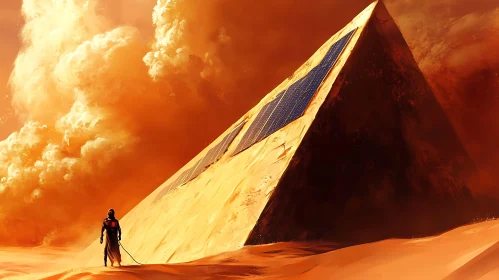 Futuristic Astronaut and Solar Panel Pyramid in Sandstorm