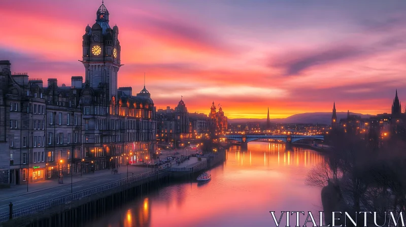 Historic City Sunset with Serene River and Bridge AI Image