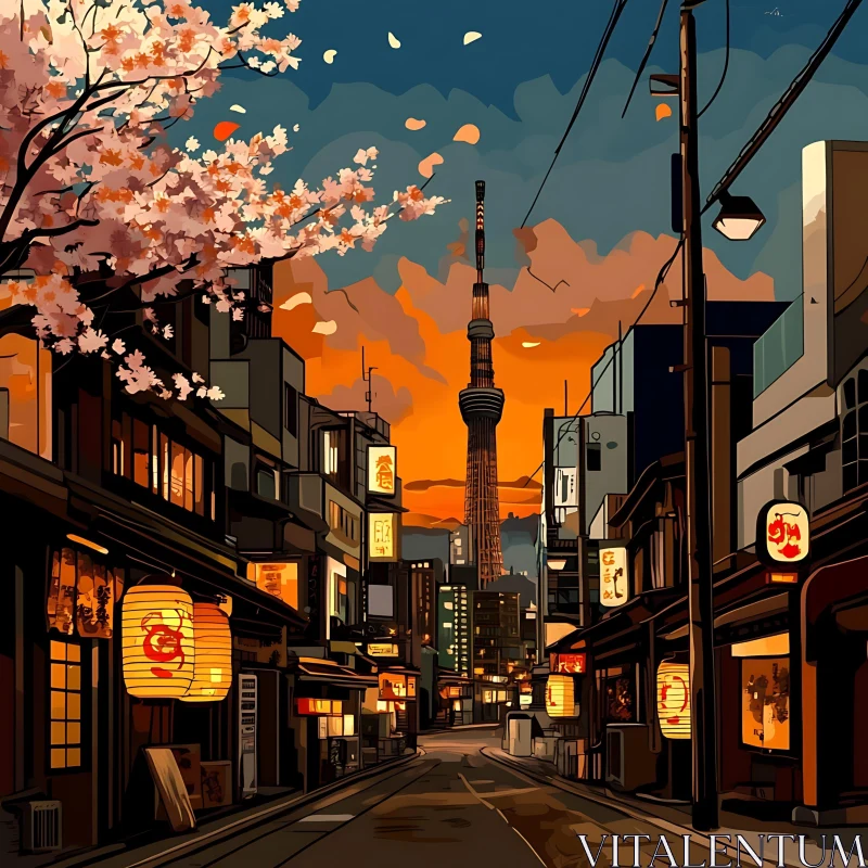 AI ART Sunset in a Japanese City with Tower and Cherry Blossoms