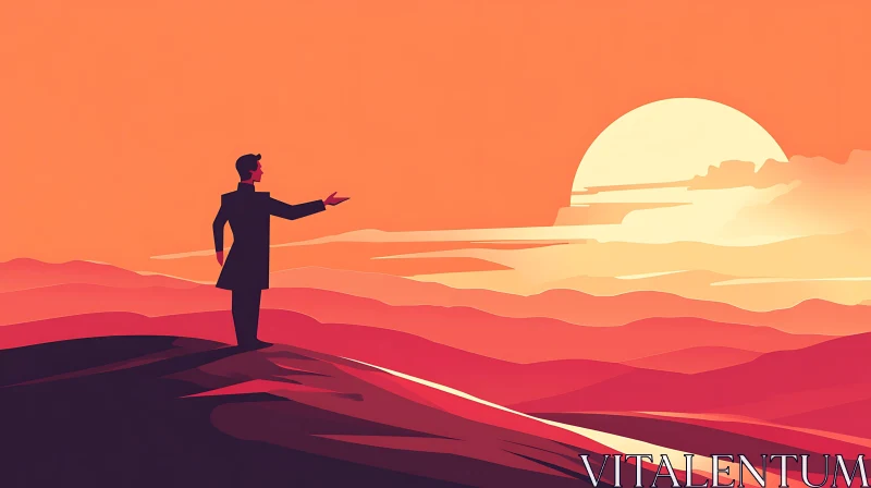 Man Pointing at Sunset Landscape AI Image