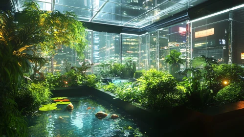 Serene Interior Urban Greenhouse at Night