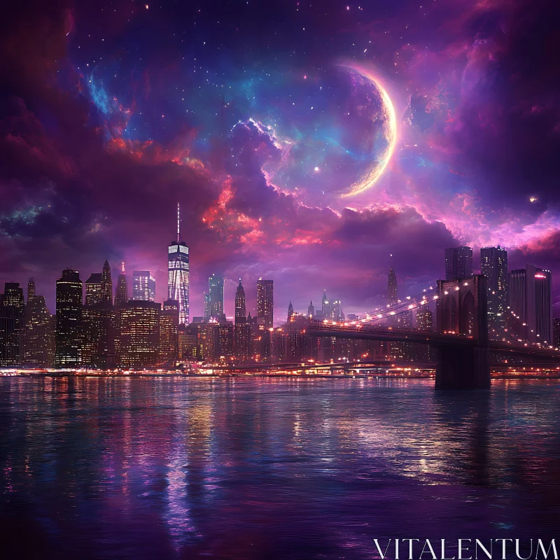 Enchanting Nighttime City View with Vibrant Sky AI Image