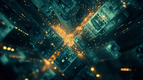 Nighttime Aerial City Intersection Illuminated