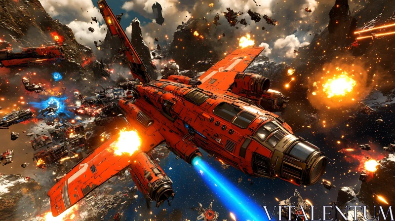 Epic Space Combat Scene with Explosive Action and Asteroids AI Image