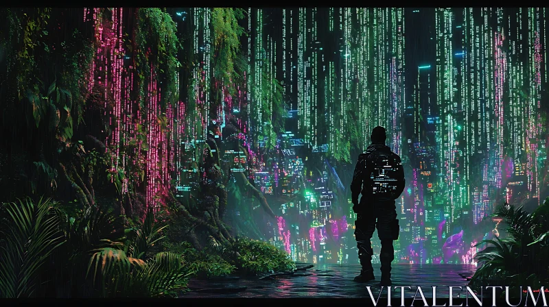 Neon-Lit Cyberpunk Forest Scene AI Image