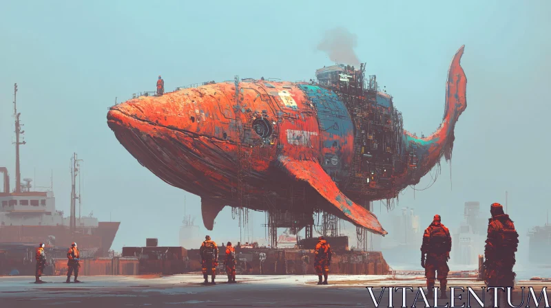 AI ART Colossal Steampunk Whale at Industrial Dock