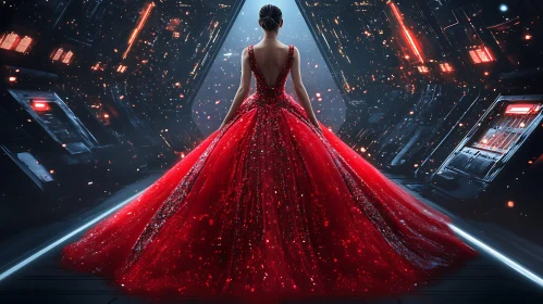 Woman in Striking Red Dress in a Futuristic Setting