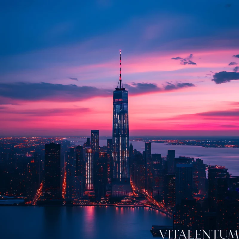 Urban Sunset with Towering Skyscraper and Reflections AI Image