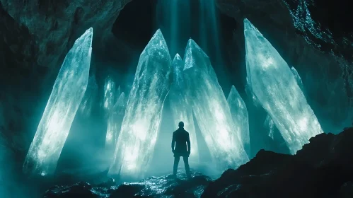 Silhouetted Figure in an Illuminated Crystal Cave