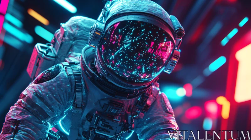 Astronaut with Reflective Visor and Neon Lights AI Image