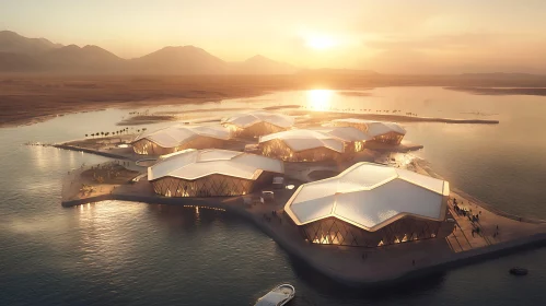 Modern Island Structures Bathed in Sunset Glow