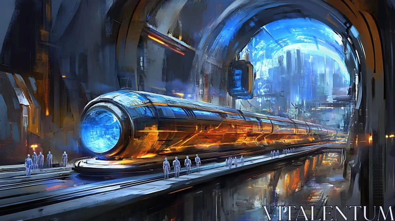 Advanced Sci-Fi Train in a Neon-Lit Cityscape AI Image