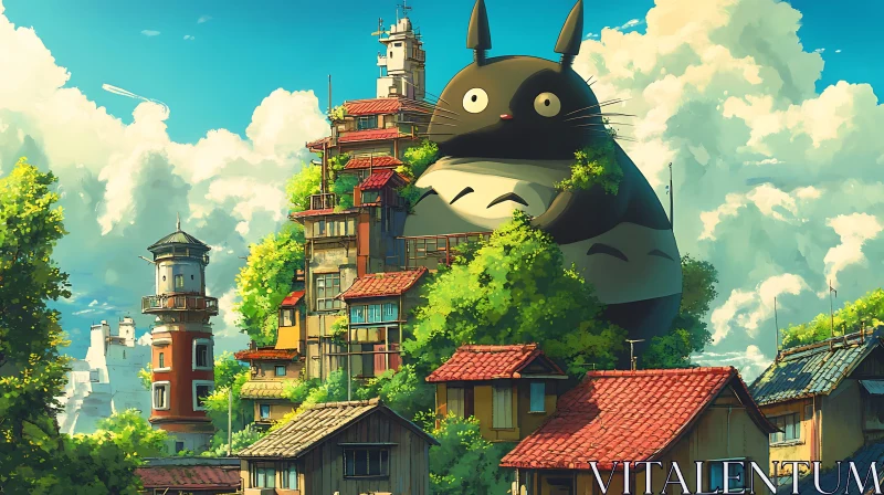 Anime Robot Overlooking Rustic Village AI Image