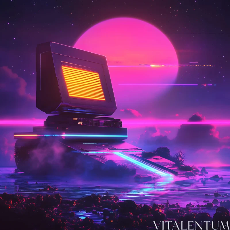 Cyberpunk Sunset with Retro Monitor AI Image