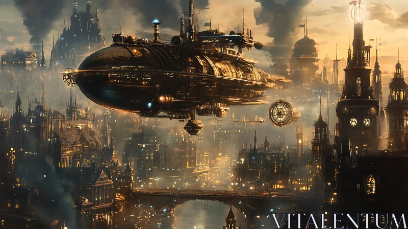 Steampunk Airship Above Radiant Gothic City AI Image