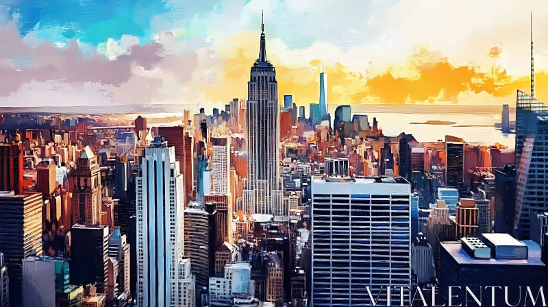 AI ART Cityscape Painting with Skyscrapers and Sunset