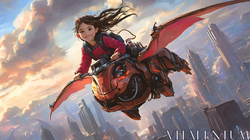 Futuristic Girl Riding Robotic Dragon over Cityscape AI Image