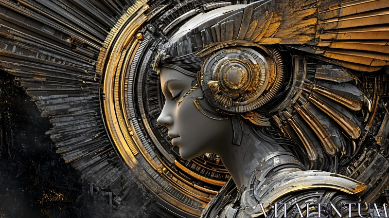 Futuristic Serene Female Art with Gold Mechanics AI Image