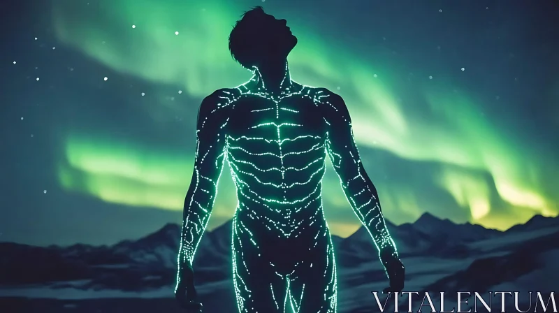 AI ART Cyborg Under the Aurora Borealis