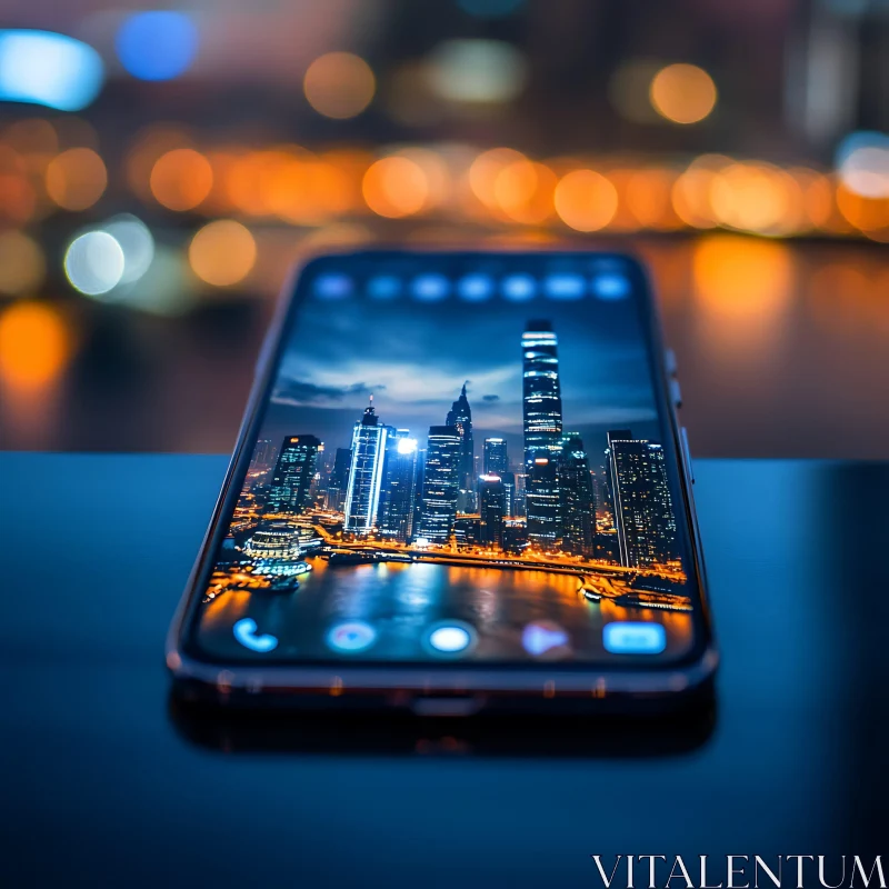 Cityscape Reflecting on Smartphone at Night AI Image