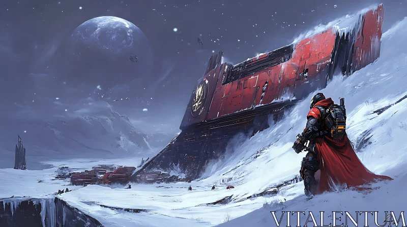 Sci-Fi Scene of Soldier and Spaceship in Snow AI Image