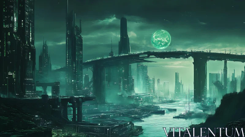 AI ART Enigmatic Futuristic City under a Green Moon