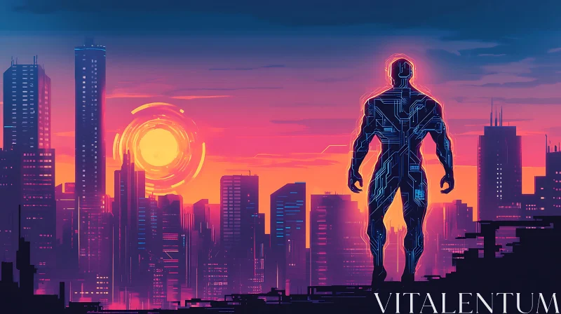 AI ART Sunset Over Futuristic City with Cyborg Figure