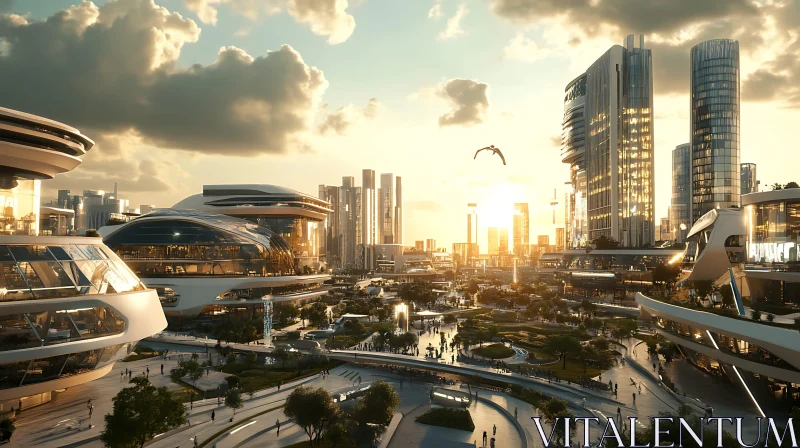 Sunset Over a Futuristic Urban Landscape with Modern Buildings AI Image