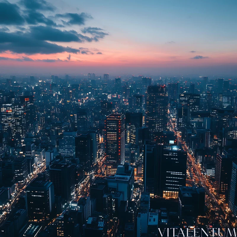 Urban Skyline at Dusk with City Lights and Skyscrapers AI Image