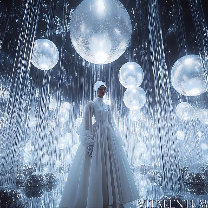 Ethereal Woman in White Gown with Illuminated Bubbles AI Image