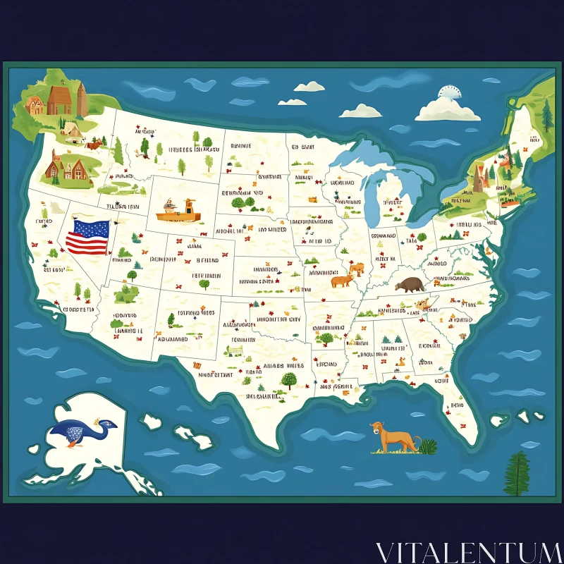 Colorful USA Map with Illustrations AI Image