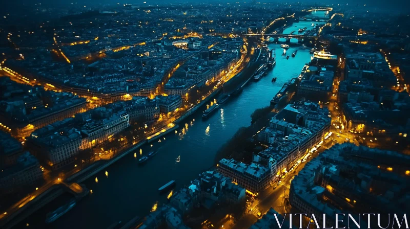 Nighttime Aerial View of Illuminated City and River AI Image