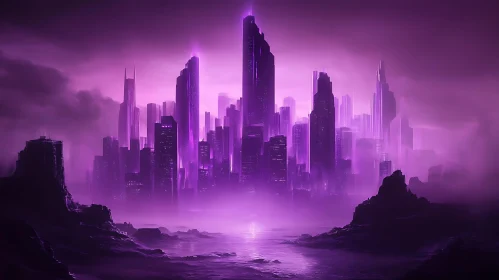 Cyberpunk Skyscraper City in Purple Mist