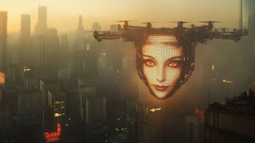 Gigantic Drone with Woman's Face Over Foggy Cityscape