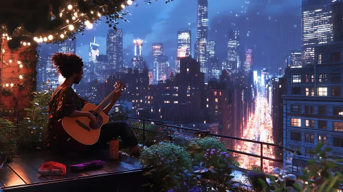 Serene Night with Guitar on City Balcony