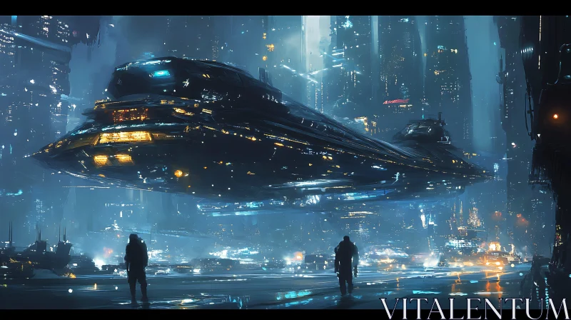 AI ART Futuristic Cityscape with an Enormous Spaceship at Night