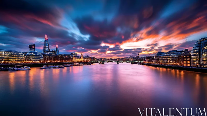 Sunset Cityscape with Reflecting River and Modern Architecture AI Image