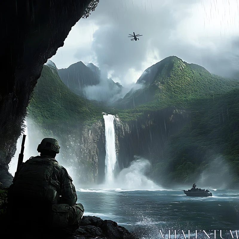 Soldier Observing Waterfall in the Rain AI Image