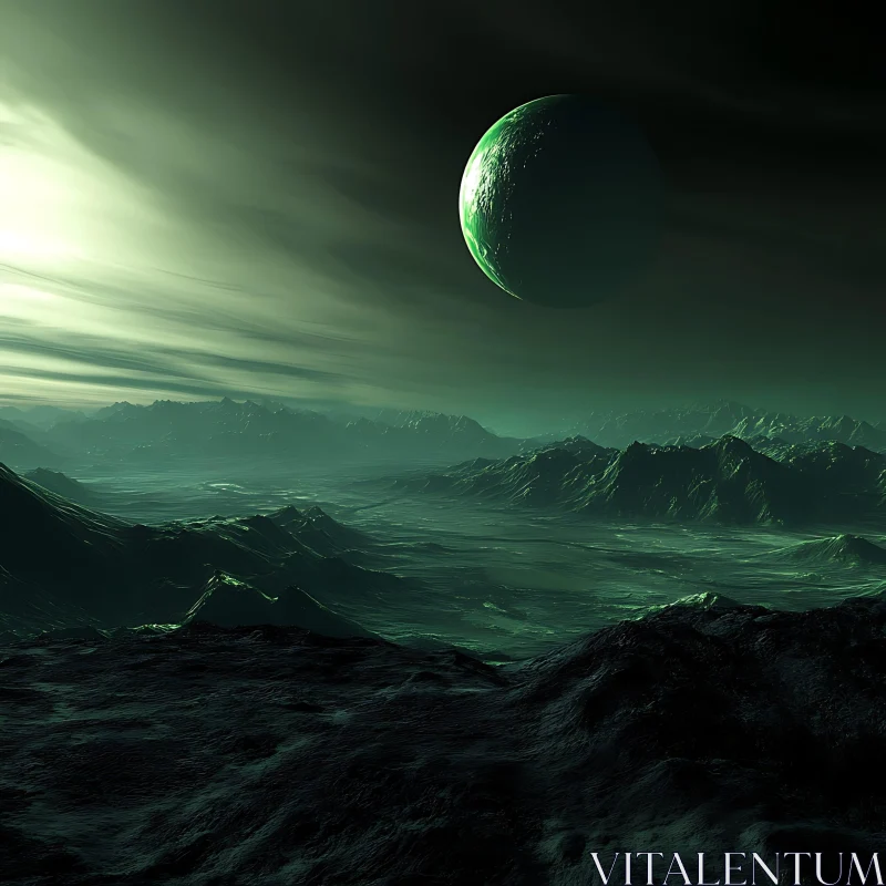 AI ART Extraterrestrial Terrain under Green Clouds