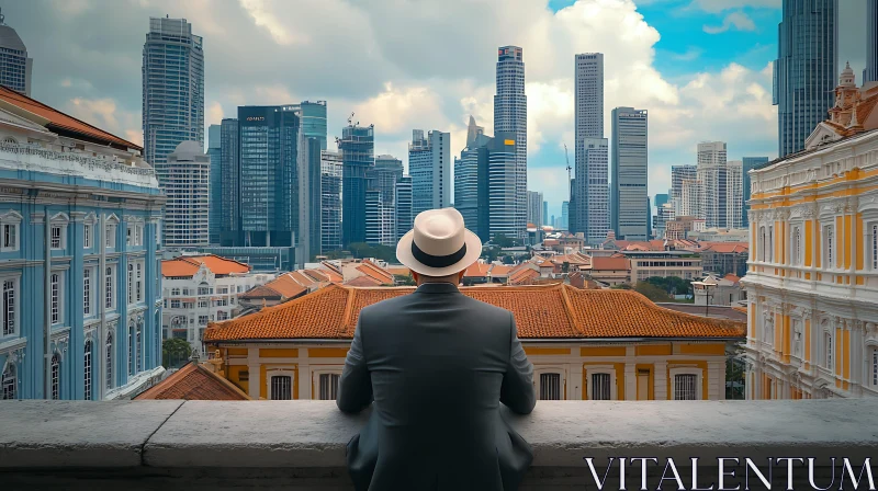 Urban Observer: Man with White Hat Facing City AI Image