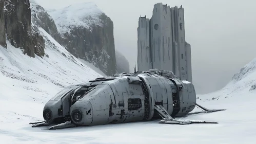 Desolate Sci-Fi Scene with Spaceship and Monolithic Structure