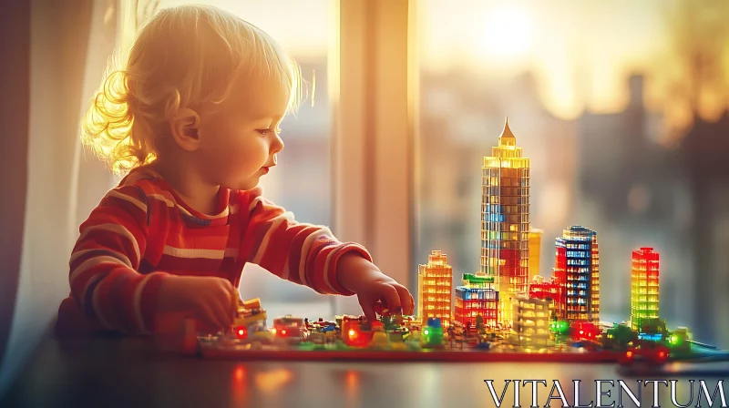 Little Architect: Child Building a LEGO City AI Image