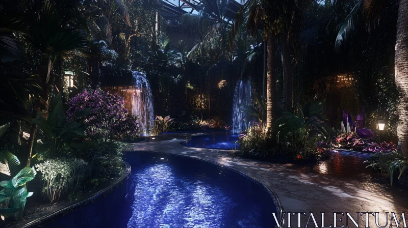 Indoor Tropical Oasis with Waterfalls AI Image